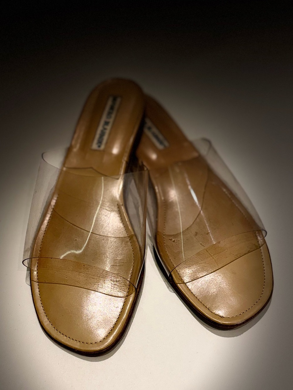 Manolo Blahnik Tan Leather Slides with Clear PVC Strap - Picture 3 of 9